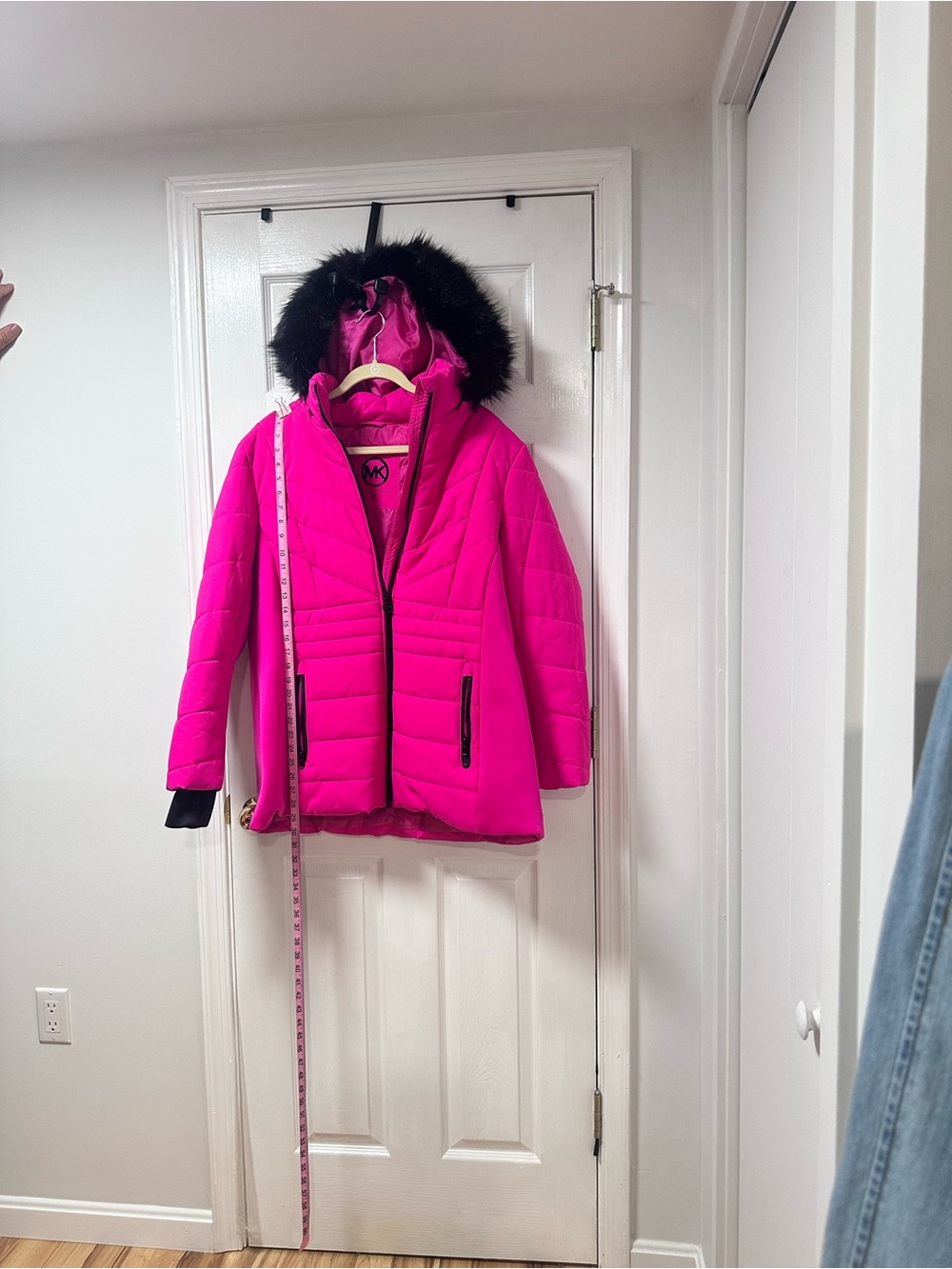 Michael Kors Bright Pink Quilted Puffer with Faux Fur Trim